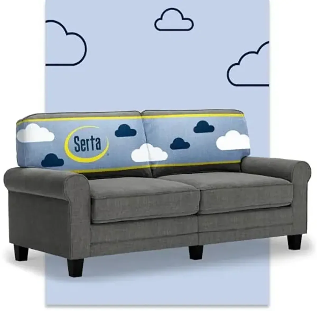 Serta Copenhagen 73" Rolled Arm Sofa, Easy Care Polyester, Soft Pillow Back, Pocket Coil Seat Cushions, Removable Covers, Loveseat or Couch for Small Spaces, Living Rooms or Bedrooms, Gray