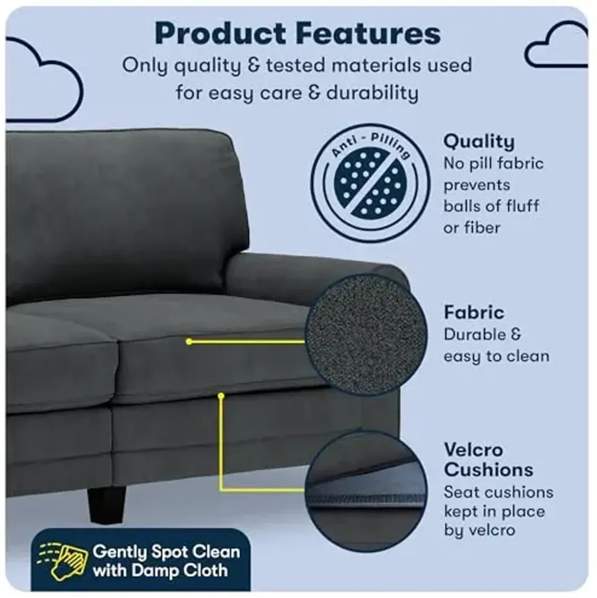Serta Copenhagen 73" Rolled Arm Sofa, Easy Care Polyester, Soft Pillow Back, Pocket Coil Seat Cushions, Removable Covers, Loveseat or Couch for Small Spaces, Living Rooms or Bedrooms, Charcoal