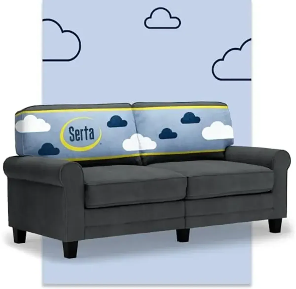 Serta Copenhagen 73" Rolled Arm Sofa, Easy Care Polyester, Soft Pillow Back, Pocket Coil Seat Cushions, Removable Covers, Loveseat or Couch for Small Spaces, Living Rooms or Bedrooms, Charcoal