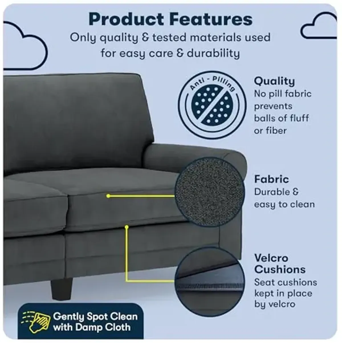 Serta Copenhagen 78" Rolled Arm Sofa, Easy Care Polyester, Soft Pillow Back, Pocket Coil Seat Cushions, Removable Covers, Loveseat or Couch for Small Spaces, Living Rooms or Bedrooms, Charcoal