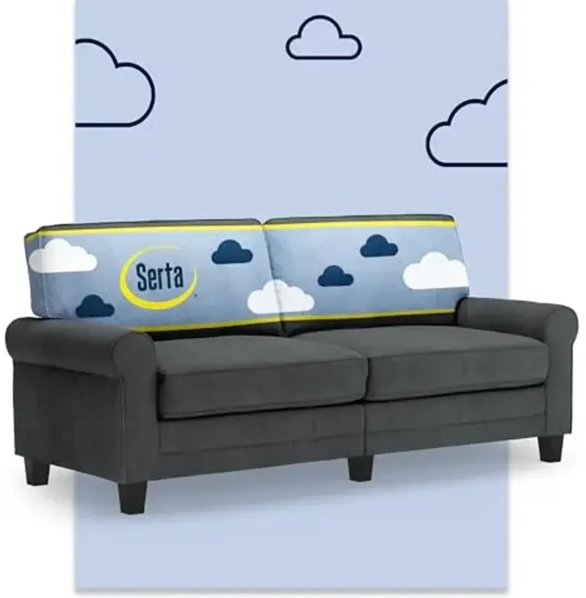 Serta Copenhagen 78" Rolled Arm Sofa, Easy Care Polyester, Soft Pillow Back, Pocket Coil Seat Cushions, Removable Covers, Loveseat or Couch for Small Spaces, Living Rooms or Bedrooms, Charcoal