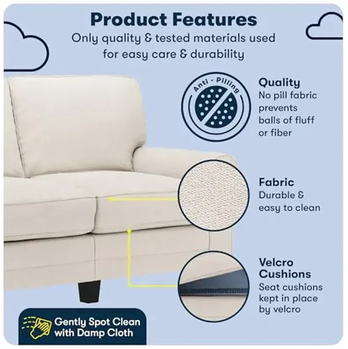 Serta Copenhagen 61" Rolled Arm Sofa, Easy Care Polyester, Soft Pillow Back, Pocket Coil Seat Cushions, Removable Covers, Loveseat or Couch for Small Spaces, Living Rooms or Bedrooms, Cream White