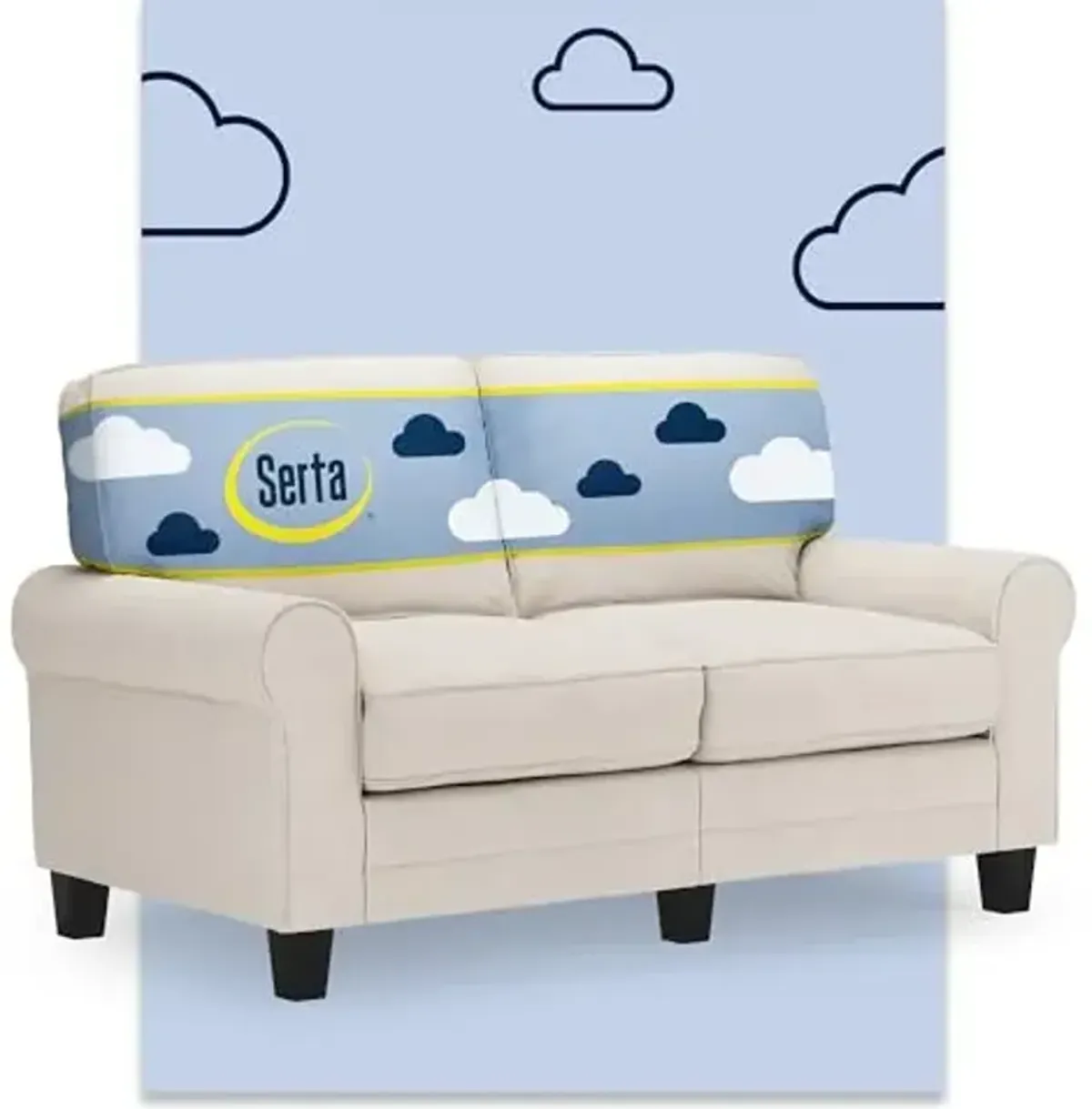 Serta Copenhagen 61" Rolled Arm Sofa, Easy Care Polyester, Soft Pillow Back, Pocket Coil Seat Cushions, Removable Covers, Loveseat or Couch for Small Spaces, Living Rooms or Bedrooms, Cream White