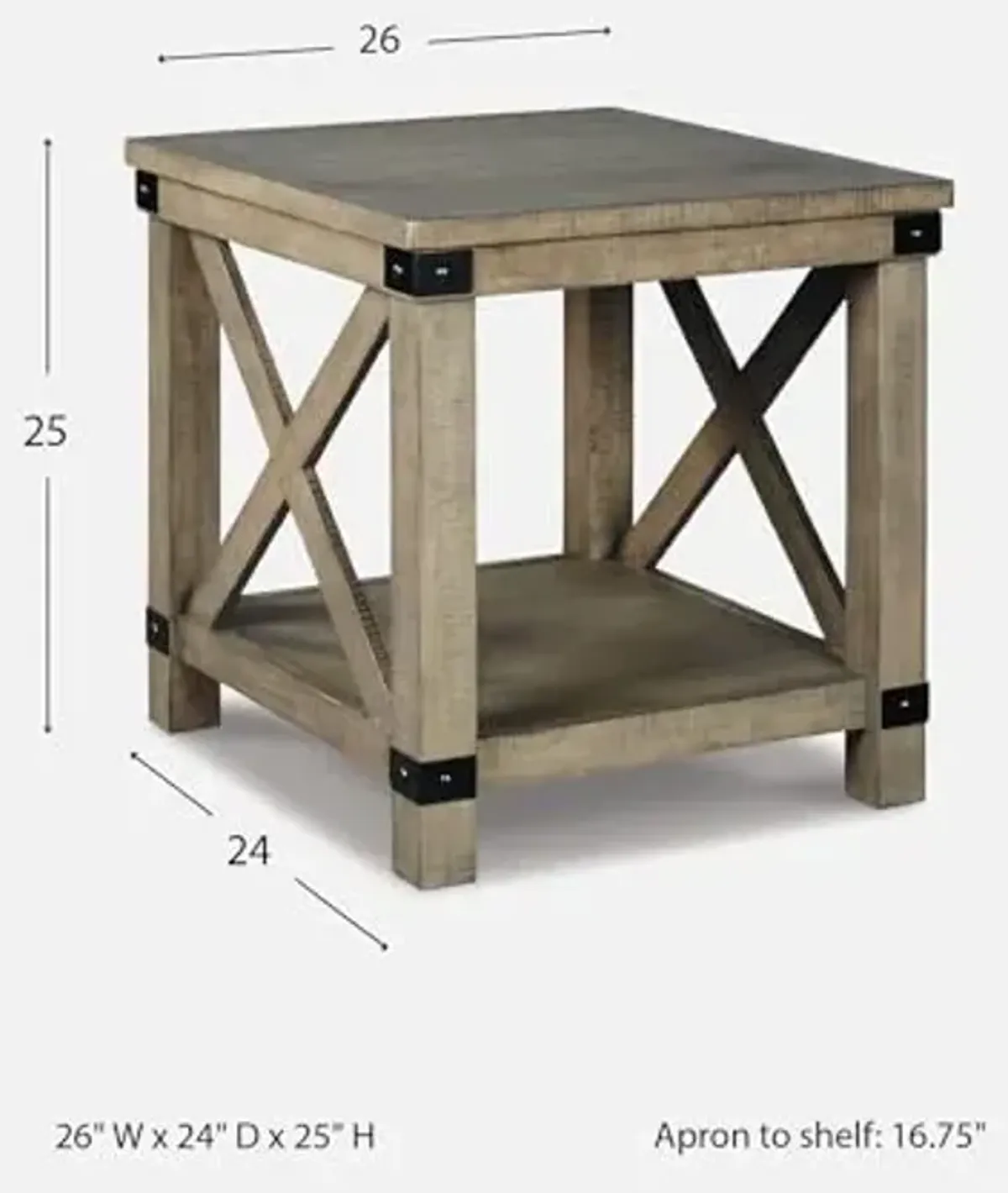Signature Design by Ashley Aldwin Casual Farmhouse Rectangular End Table with Crossbuck Details, Metal Bracket Accents, Wood, 25" High, Weathered Gray