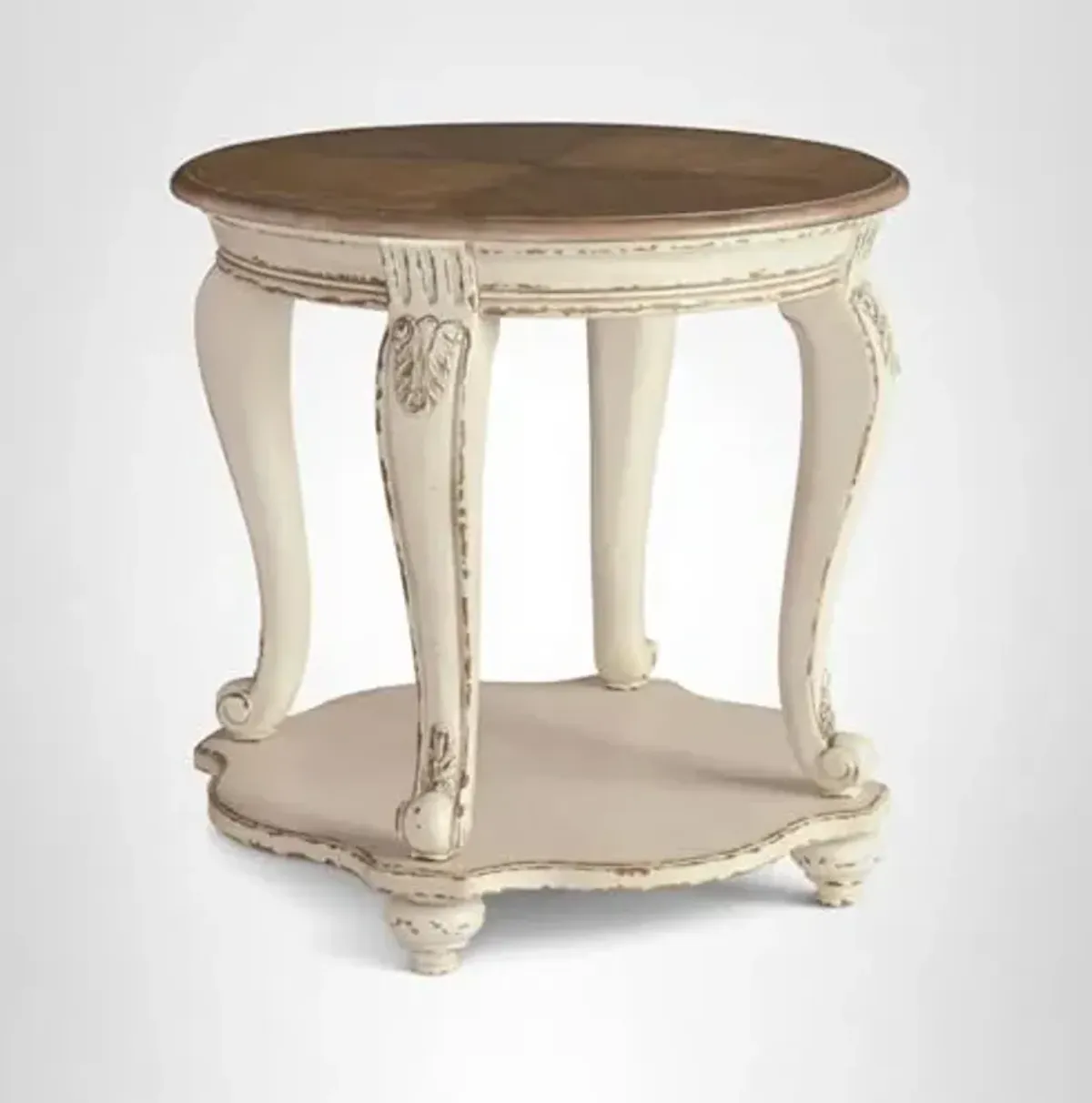 Signature Design by Ashley Realyn Cottage Style Round End Table, Fixed Lower Shelf, Antiqued 2-tone, Finish, Wood, 26" W x 26" D x 25.88" H, White and Brown