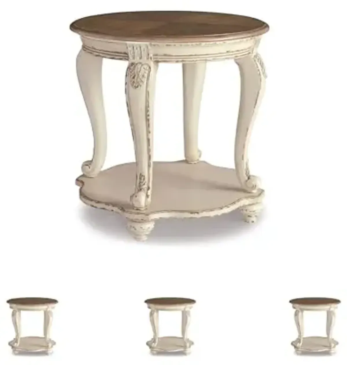Signature Design by Ashley Realyn Cottage Style Round End Table, Fixed Lower Shelf, Antiqued 2-tone, Finish, Wood, 26" W x 26" D x 25.88" H, White and Brown