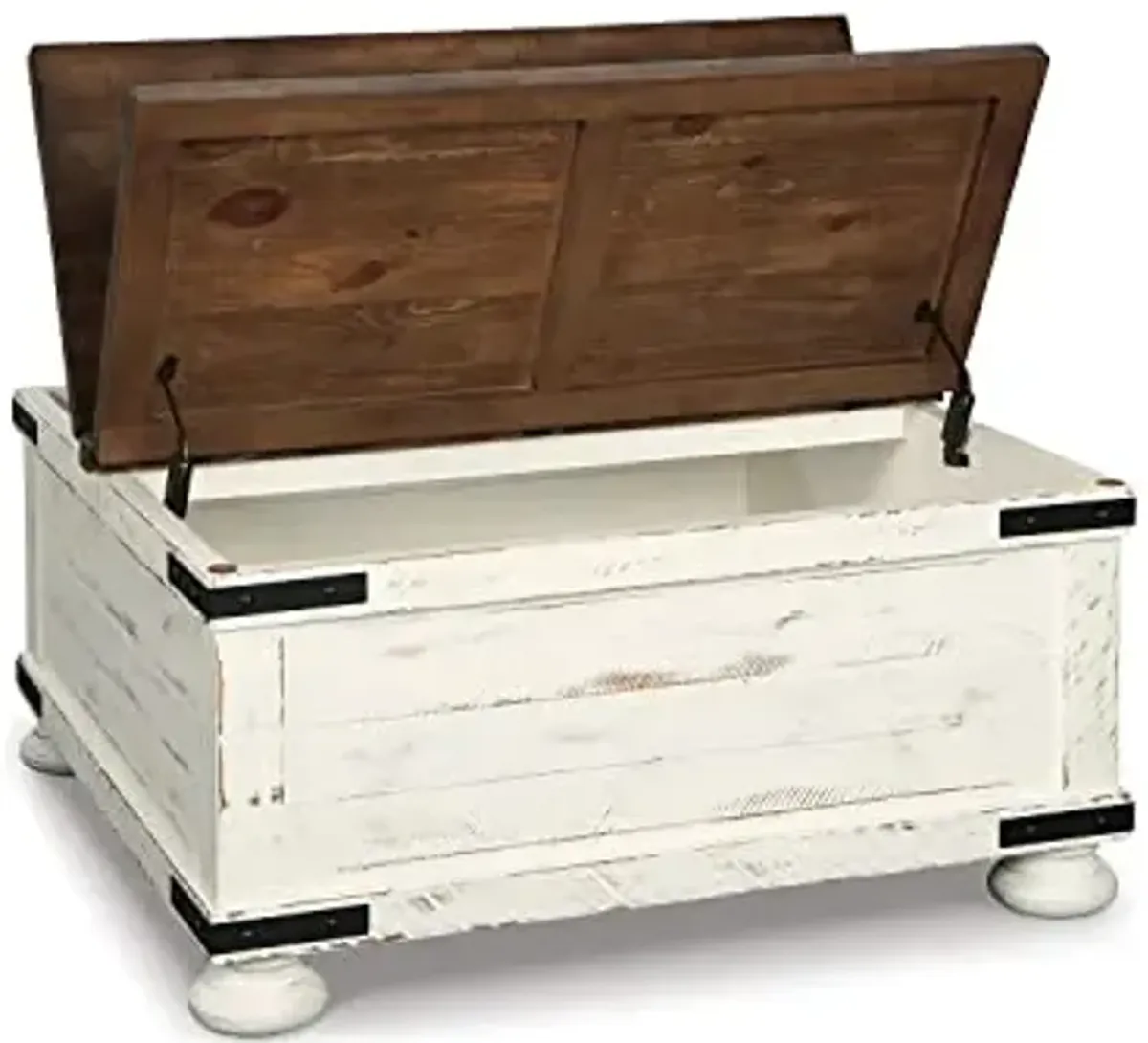 Signature Design by Ashley Wystfield Farmhouse Coffee Table with Storage, Hinged Lift Top, Wood, 36" W x 36" D x 18" H, Distressed White