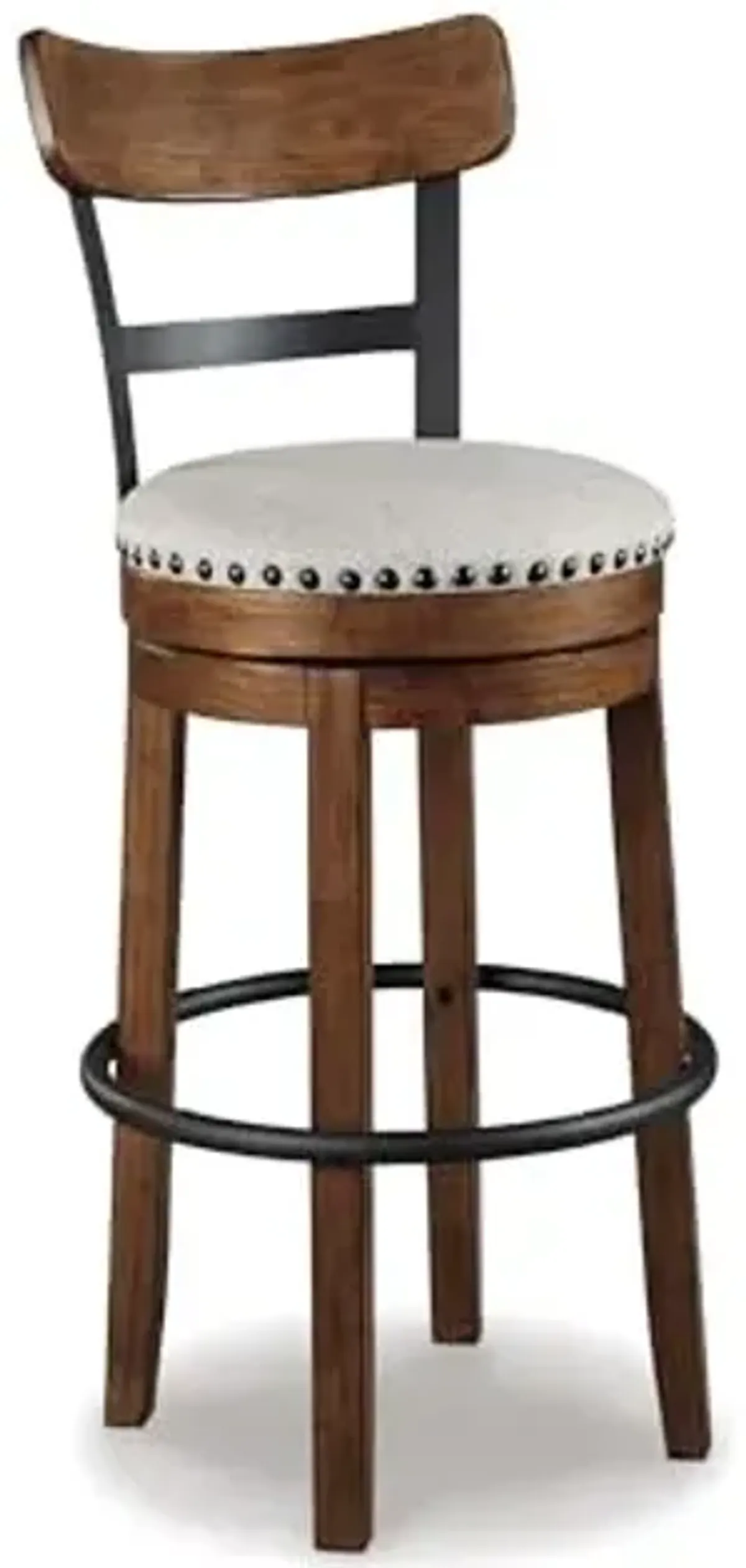 Signature Design by Ashley Valebeck | 30″ Farmhouse Pub-Height Swivel Barstool With Back – Upholstered Cushion, Nailhead Trim, Metal & Wood Frame, Brown
