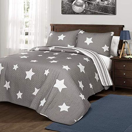 Lush Decor Gray Star Quilt-Reversible 3 Piece Pattern Striped Bedding Set with Pillow Shams, Full/Queen