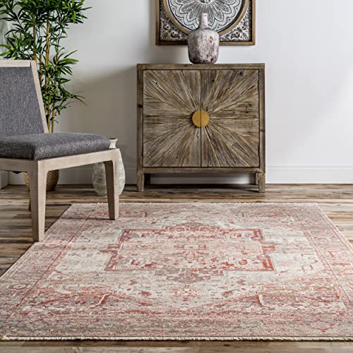 nuLOOM Harriet Vintage Medallion Fringe Area Rug, 10' x 13', Red