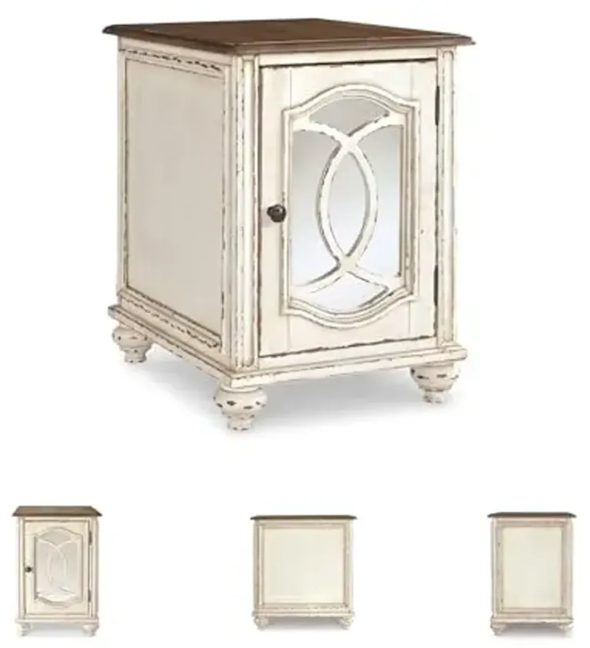 Signature Design by Ashley Realyn Farmhouse Chair Side End Table with Cabinet For Storage, Antique White & Brown