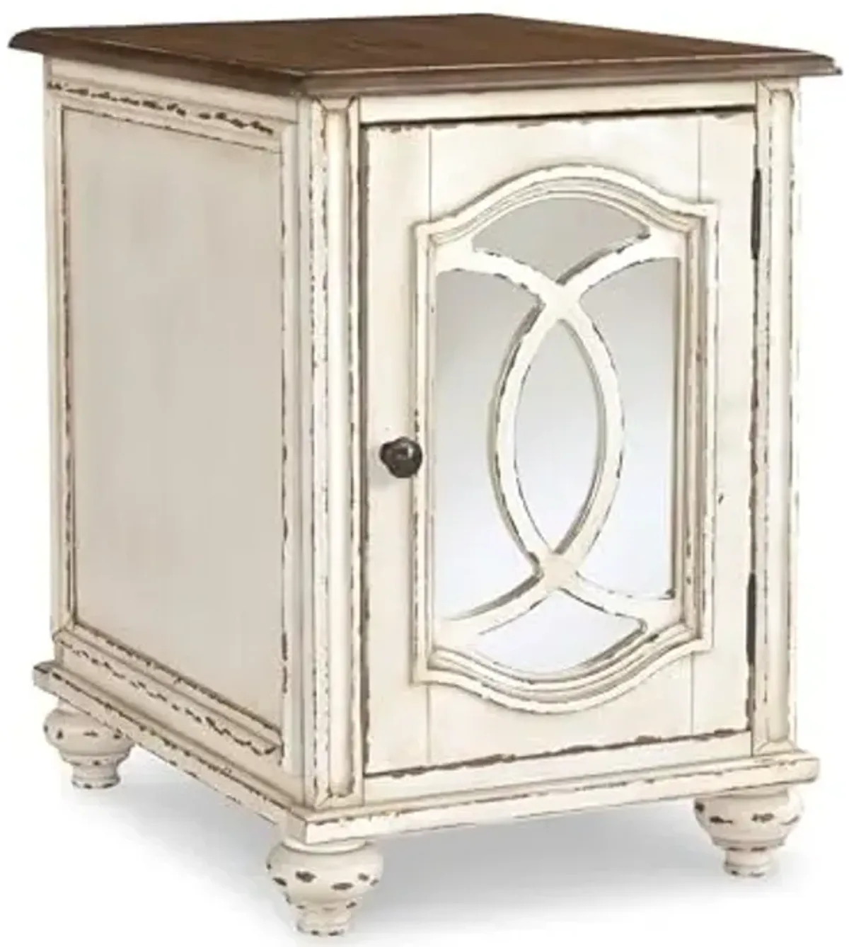 Signature Design by Ashley Realyn Farmhouse Chair Side End Table with Cabinet For Storage, Antique White & Brown