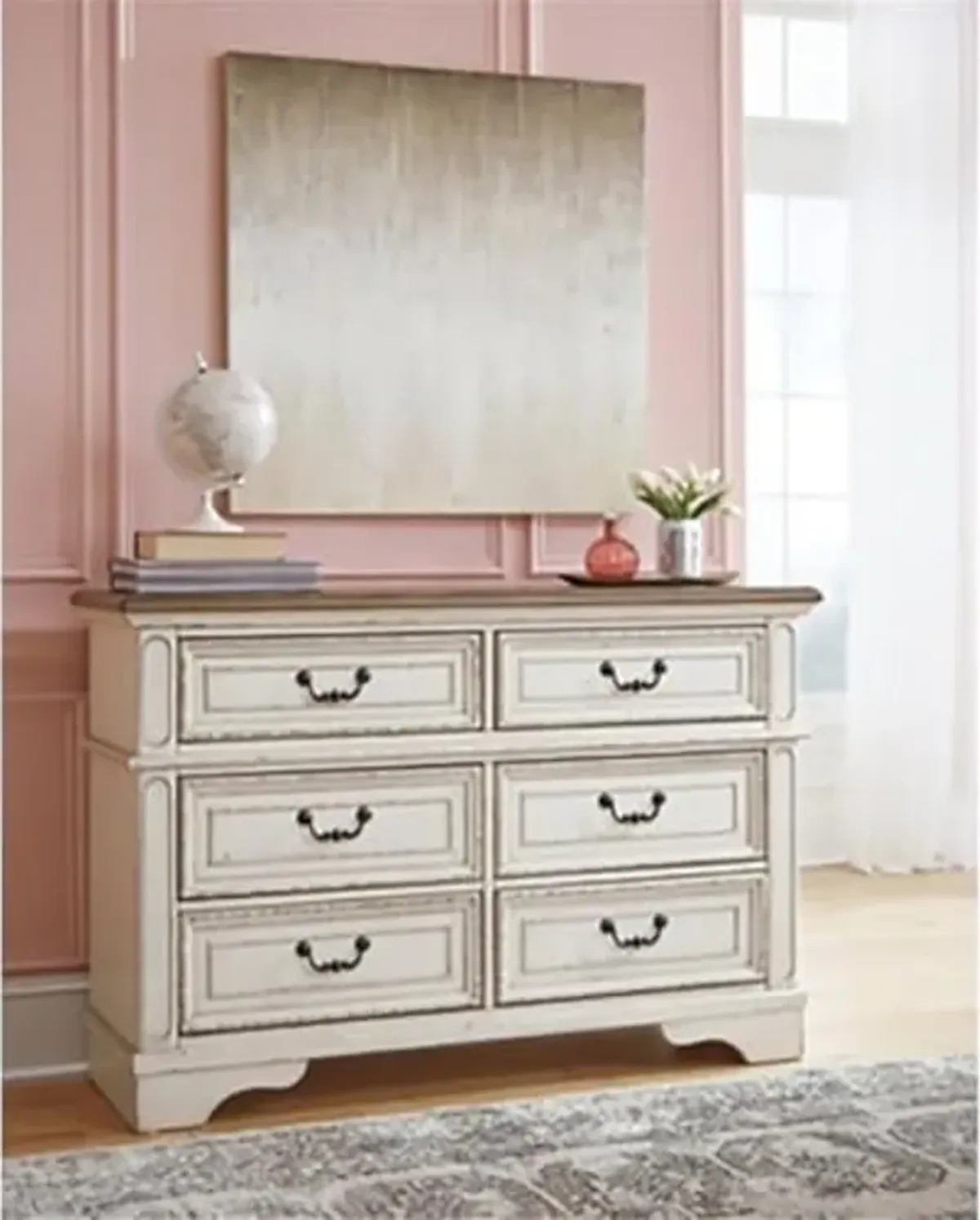 Signature Design By Ashley Realyn French Country Youth 6 Drawer Dresser, Chipped White & Brown