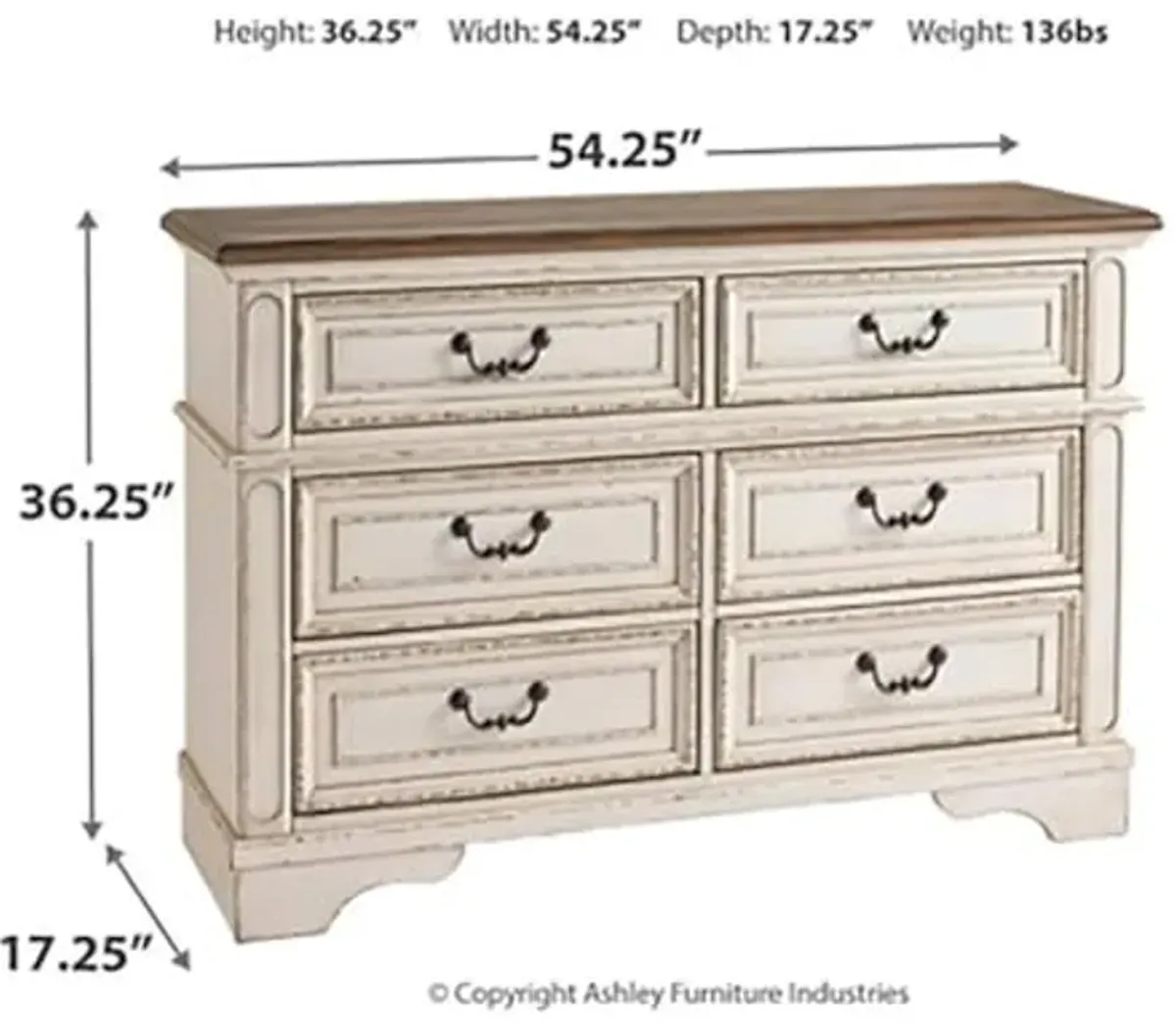 Signature Design By Ashley Realyn French Country Youth 6 Drawer Dresser, Chipped White & Brown