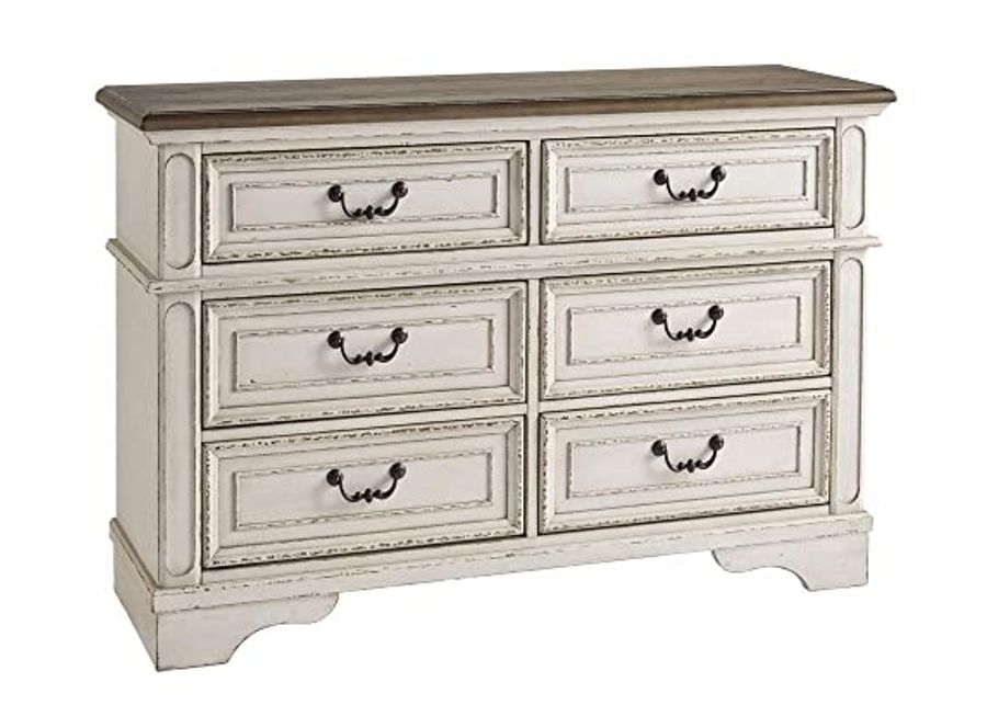 Signature Design By Ashley Realyn French Country Youth 6 Drawer Dresser, Chipped White & Brown