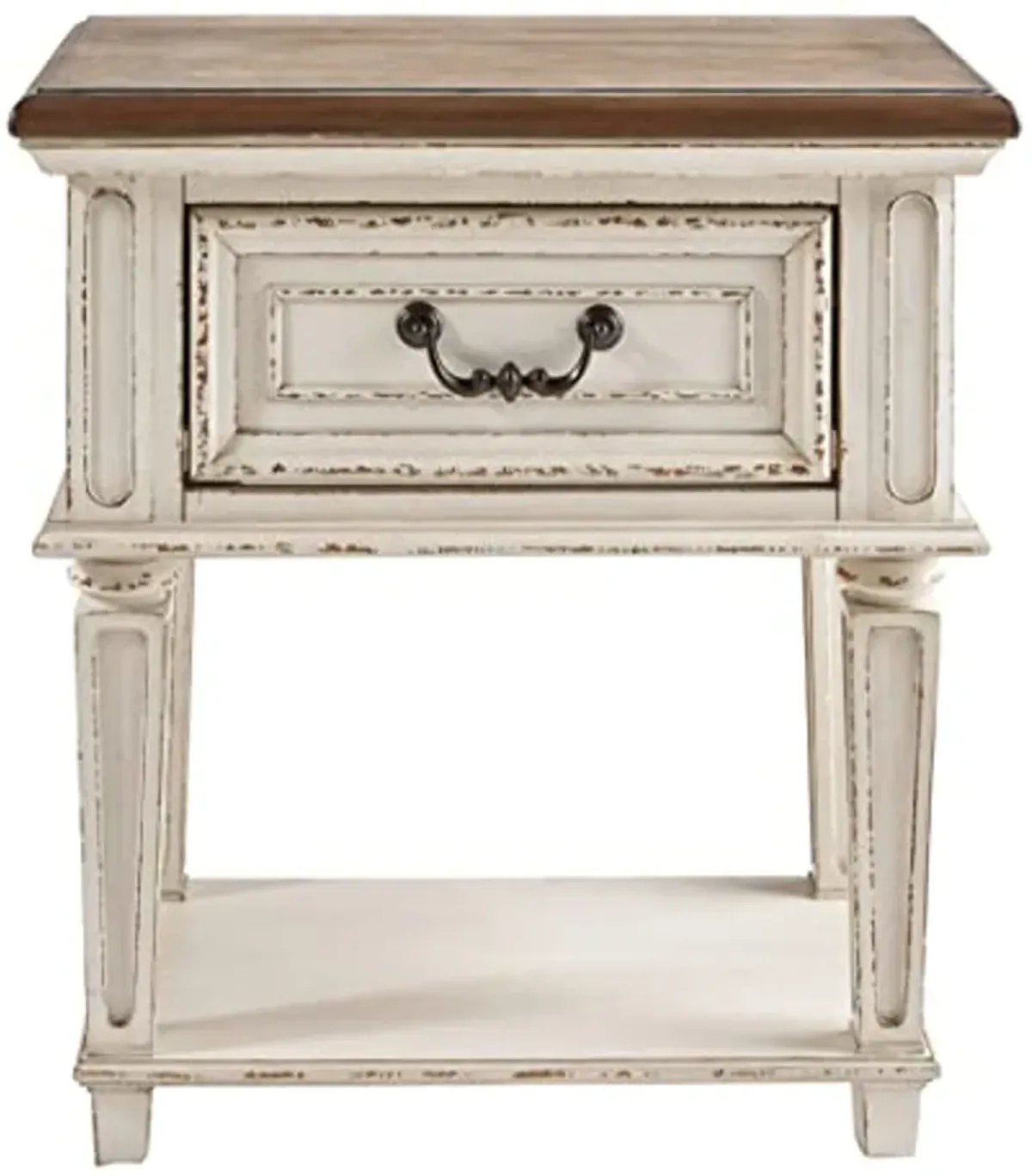 Signature Design by Ashley Realyn Traditional Cottage 1 Drawer Nightstand with Dovetail Construction & Open Display Shelf, Chipped White, 27" Tall, Distressed Brown