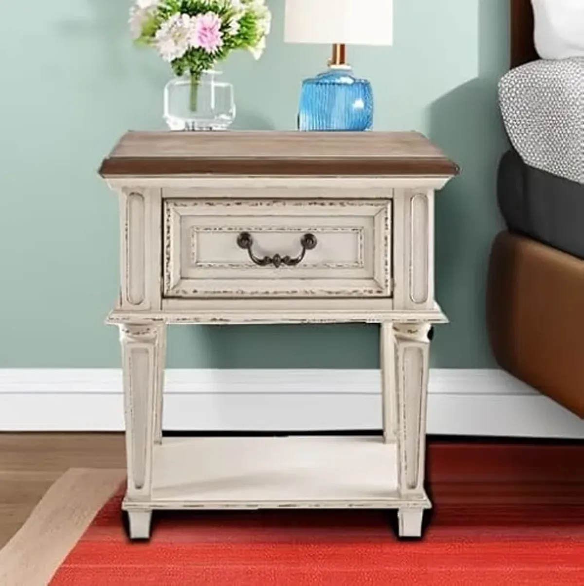 Signature Design by Ashley Realyn Traditional Cottage 1 Drawer Nightstand with Dovetail Construction & Open Display Shelf, Chipped White, 27" Tall, Distressed Brown