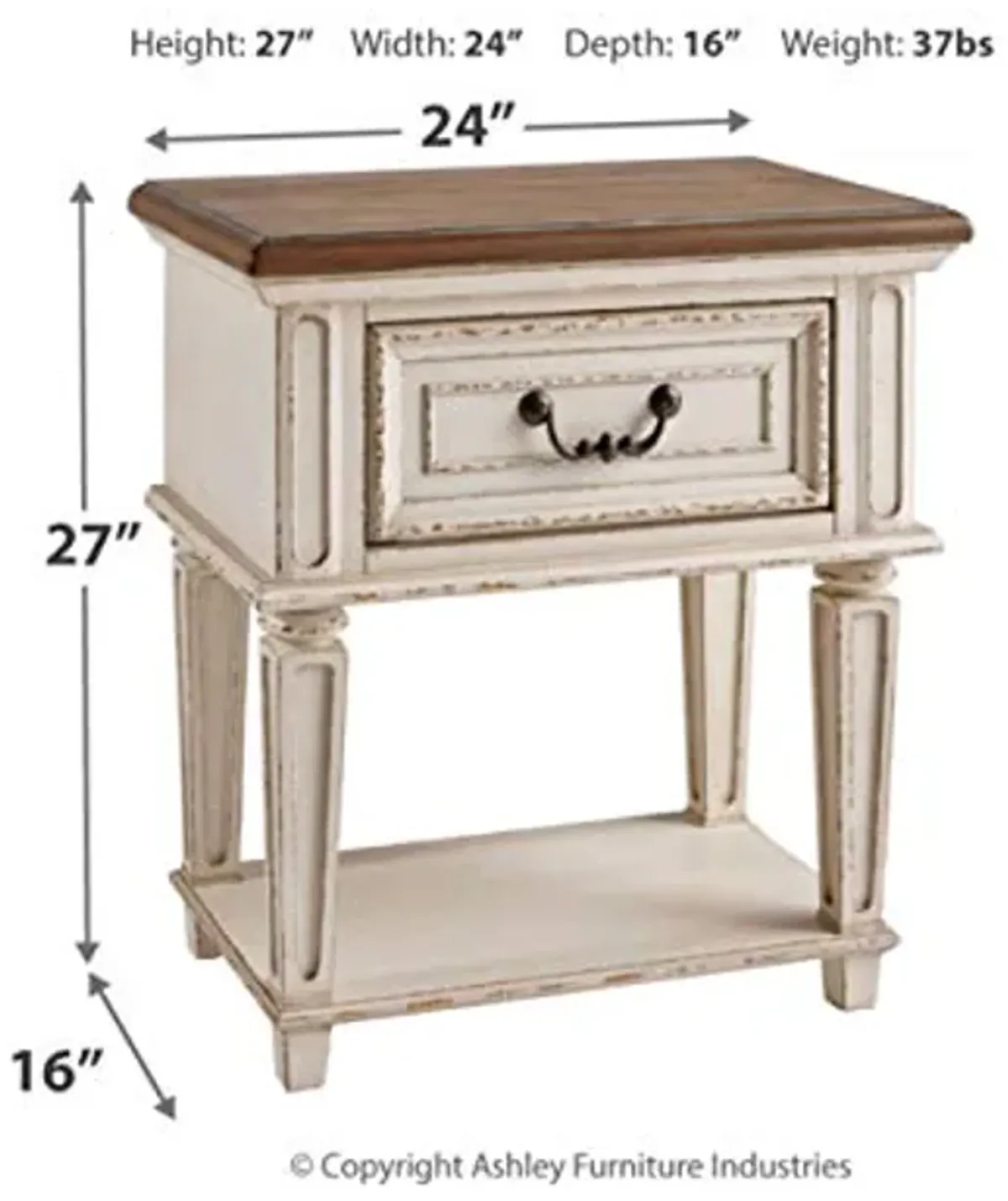 Signature Design by Ashley Realyn Traditional Cottage 1 Drawer Nightstand with Dovetail Construction & Open Display Shelf, Chipped White, 27" Tall, Distressed Brown