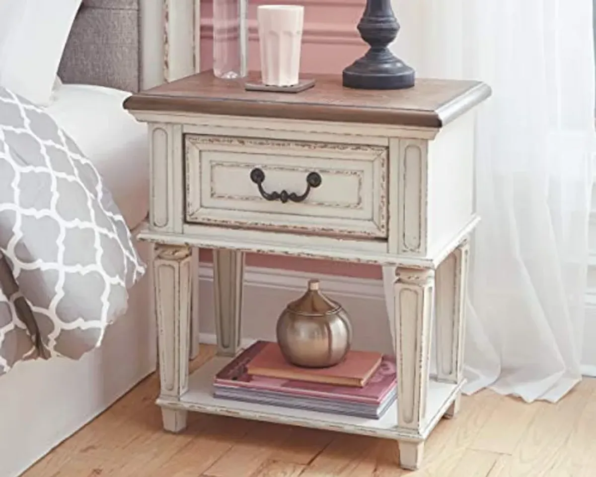 Signature Design by Ashley Realyn Traditional Cottage 1 Drawer Nightstand with Dovetail Construction & Open Display Shelf, Chipped White, 27" Tall, Distressed Brown