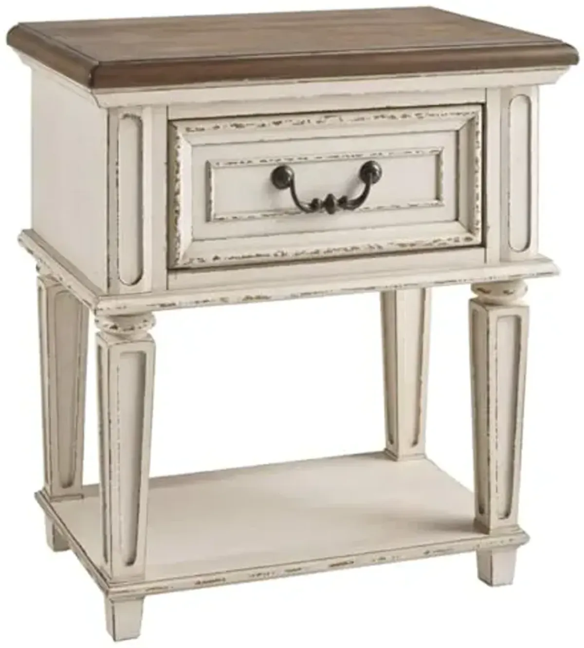 Signature Design by Ashley Realyn Traditional Cottage 1 Drawer Nightstand with Dovetail Construction & Open Display Shelf, Chipped White, 27" Tall, Distressed Brown