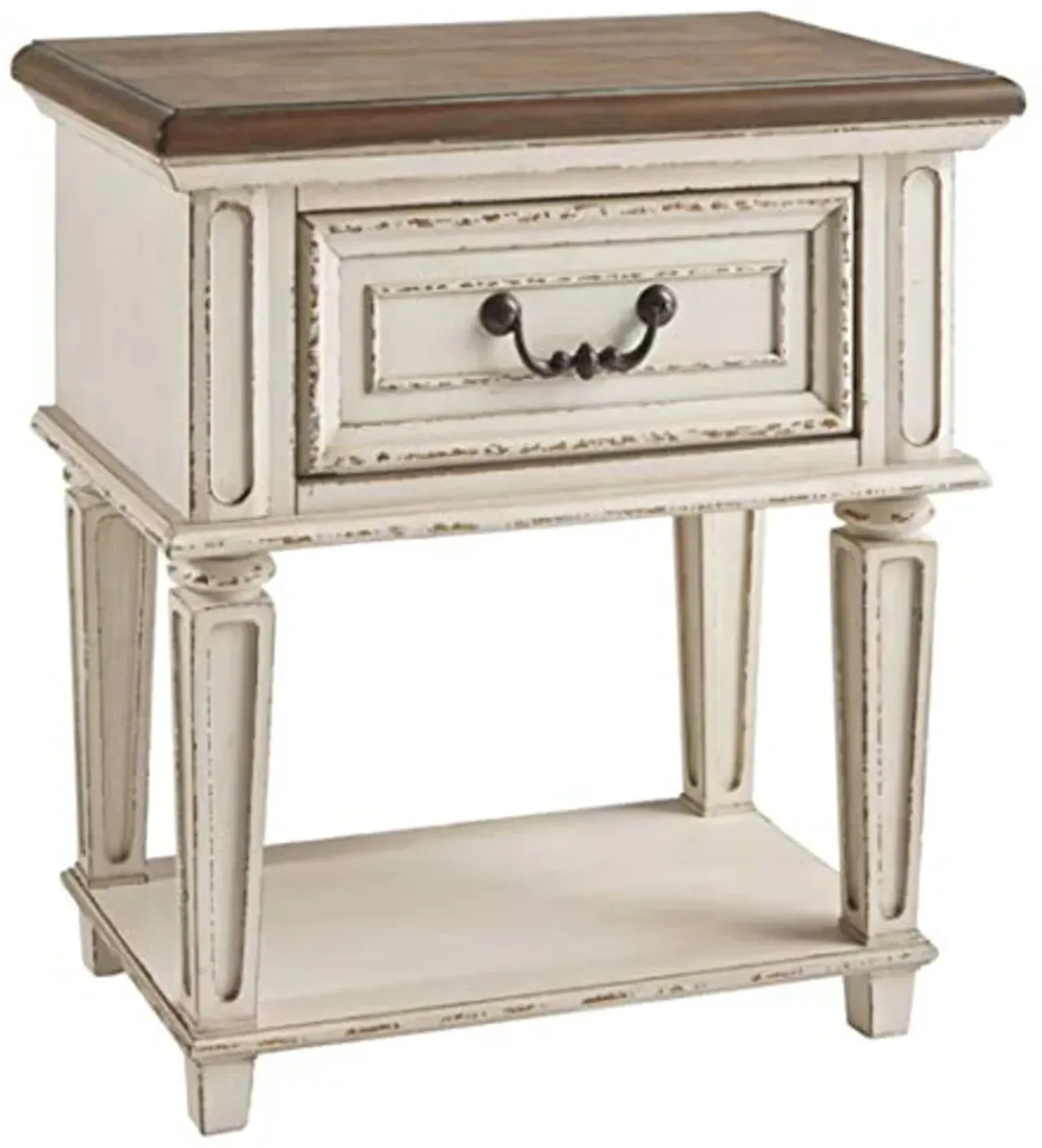 Signature Design by Ashley Realyn Traditional Cottage 1 Drawer Nightstand with Dovetail Construction & Open Display Shelf, Chipped White, 27" Tall, Distressed Brown