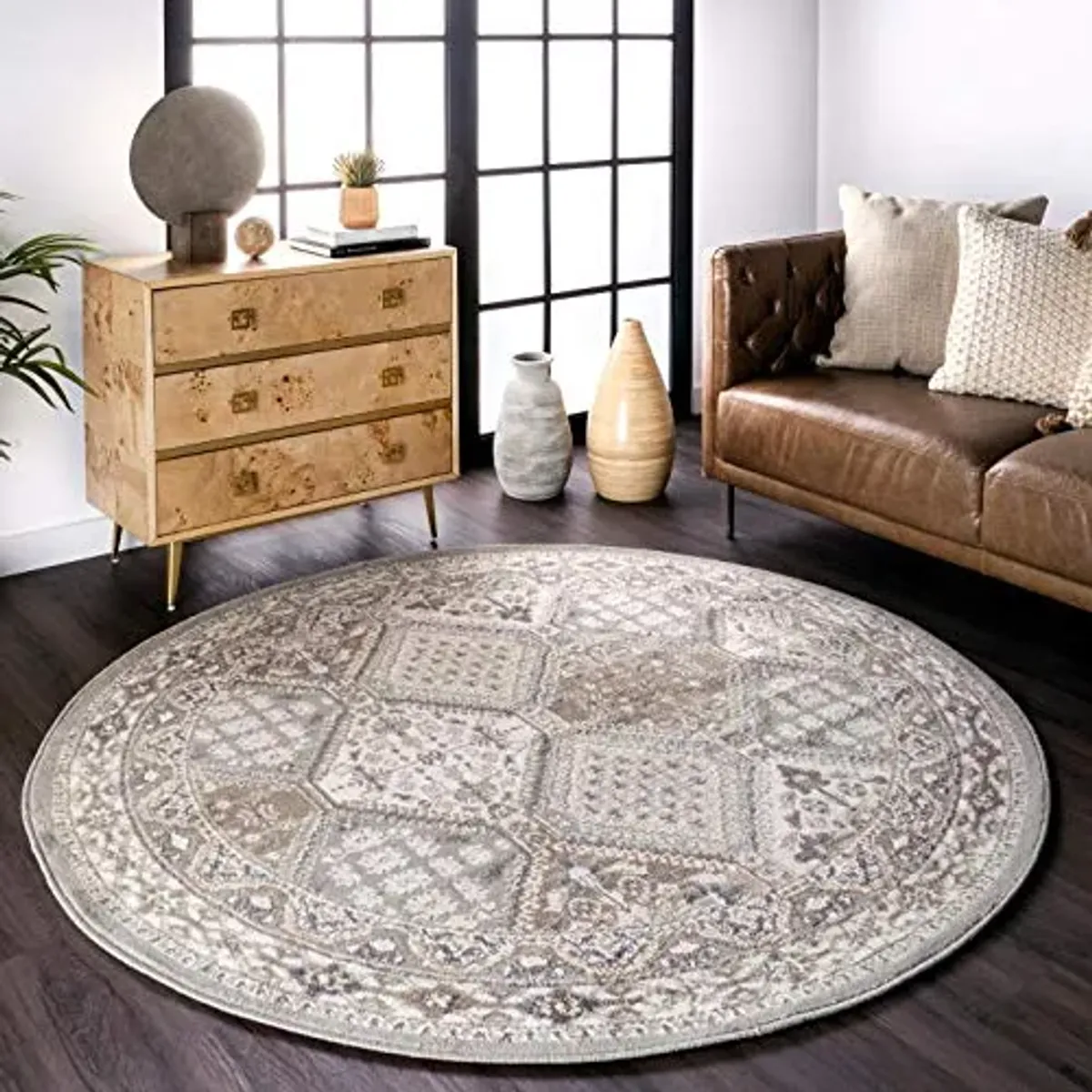 nuLOOM 6'7" x 9' Becca Traditional Tiled Area Rug, Taupe, Faded Transitional Design, Stain Resistant, For Bedroom, Dining Room, Living Room, Hallway, Office, Kitchen, Entryway