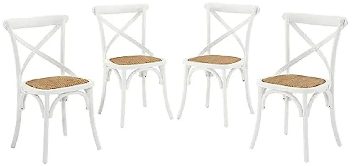 Modway Gear Rustic Modern Farmhouse Elm Wood Rattan Four Dining Chairs in White