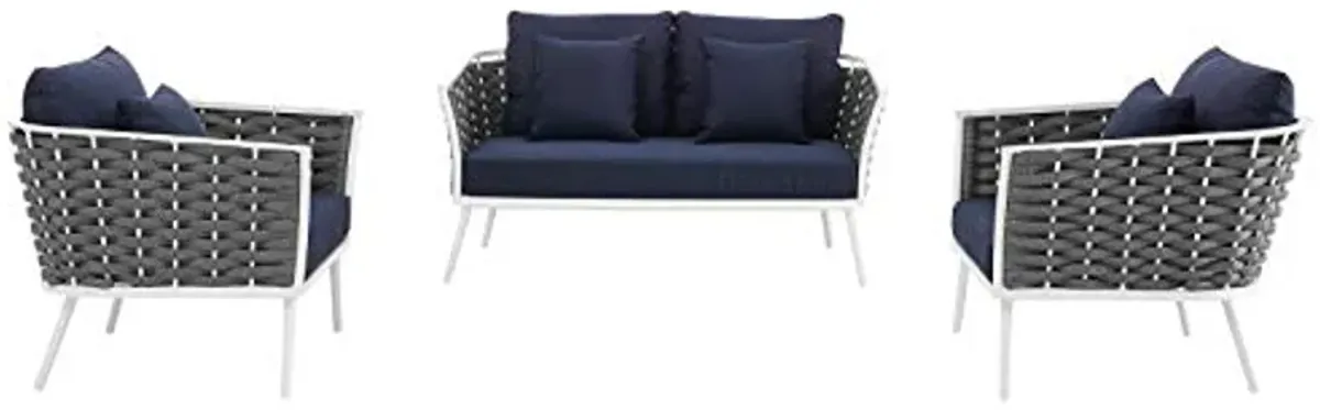 Modway Stance Outdoor Patio Aluminum, Loveseat and Two Armchairs, White Navy