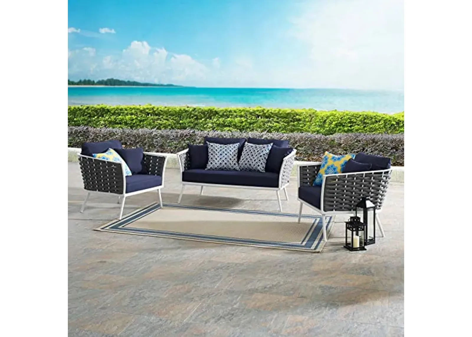 Modway Stance Outdoor Patio Aluminum, Loveseat and Two Armchairs, White Navy