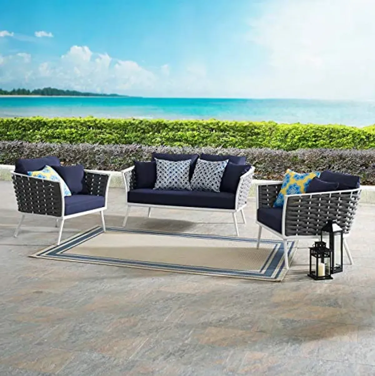 Modway Stance Outdoor Patio Aluminum, Loveseat and Two Armchairs, White Navy