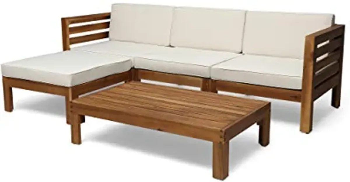 Christopher Knight Home Alice Outdoor 5 Piece Acacia Wood Sofa Set, Teak Finish, Beige