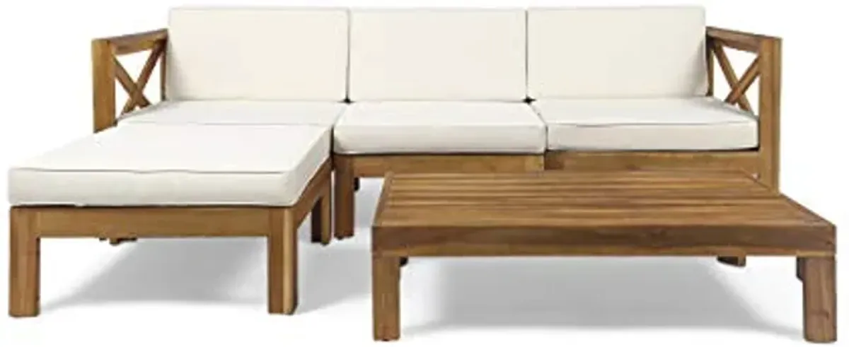 Christopher Knight Home Mamie Outdoor Acacia Wood 5 Piece Sofa Set, Teak Finish, Beige