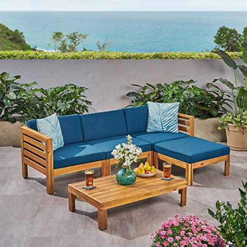 Christopher Knight Home Alice Outdoor 5 Piece Acacia Wood Sofa Set, Teak Finish, Dark Teal