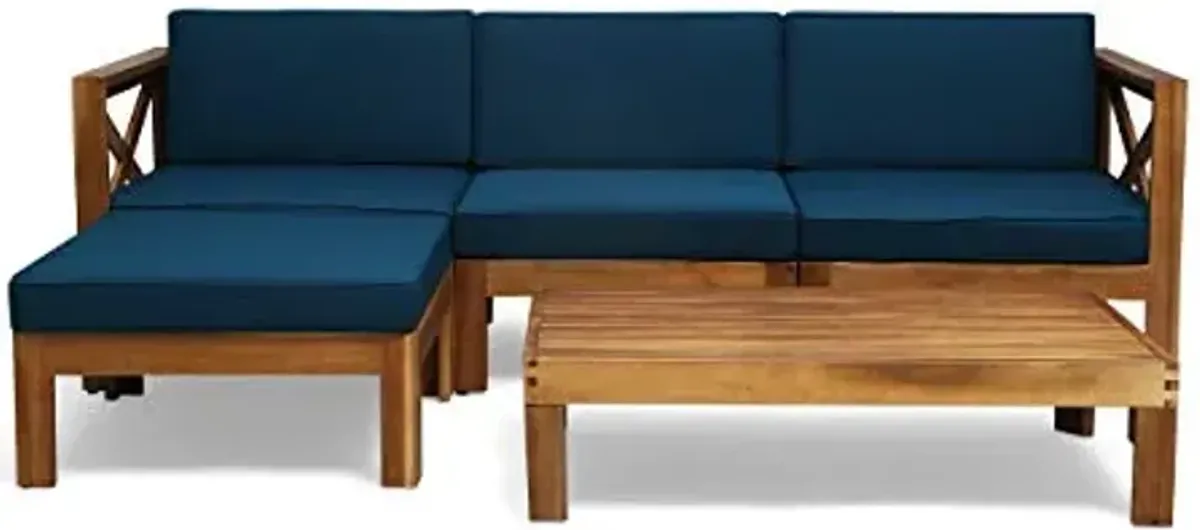 Christopher Knight Home Mamie Outdoor Acacia Wood 5 Piece Sofa Set, Teak Finish, Dark Teal