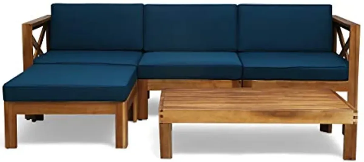 Christopher Knight Home Mamie Outdoor Acacia Wood 5 Piece Sofa Set, Teak Finish, Dark Teal