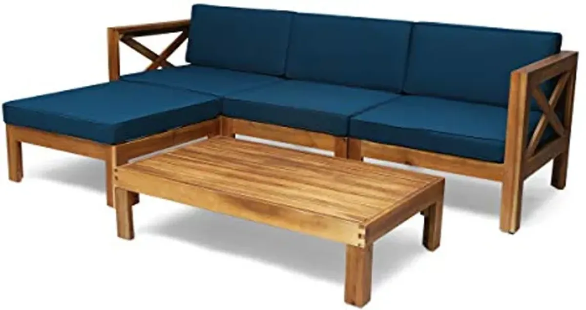 Christopher Knight Home Mamie Outdoor Acacia Wood 5 Piece Sofa Set, Teak Finish, Dark Teal