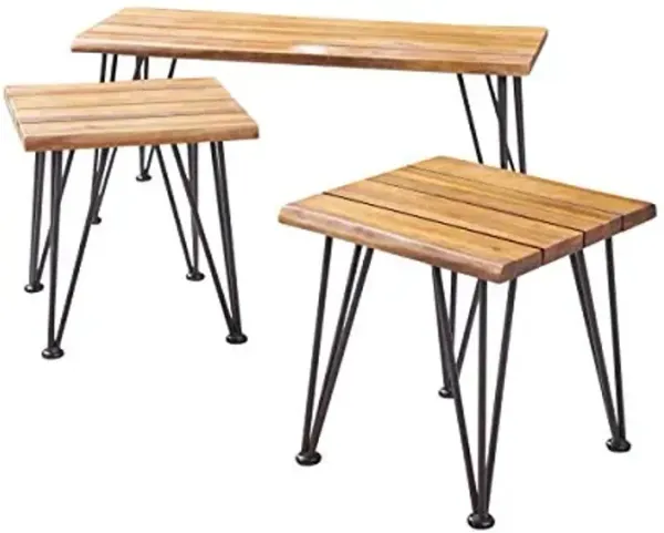 Christopher Knight Home Zion Outdoor Industrial Rustic Iron and Acacia Wood Coffee Table with 2 Matching Accent Tables, Teak Finish With Rustic Metal