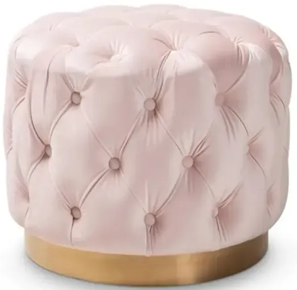 Baxton Studio Valeria Glam Light Pink Velvet Fabric Upholstered Gold-Finished Button Tufted Ottoman