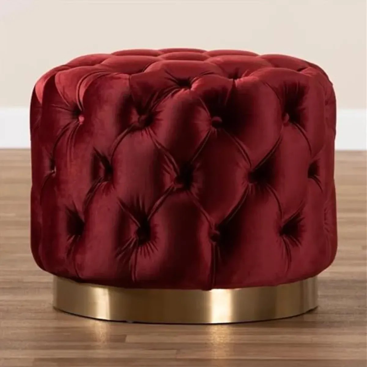 Baxton Studio Valeria Burgundy Red Velvet Tufted Ottoman