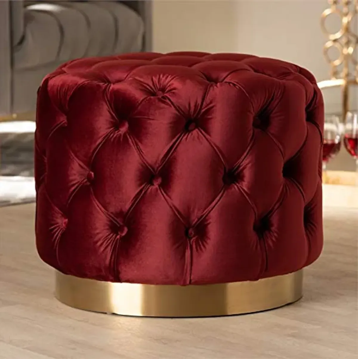 Baxton Studio Valeria Burgundy Red Velvet Tufted Ottoman