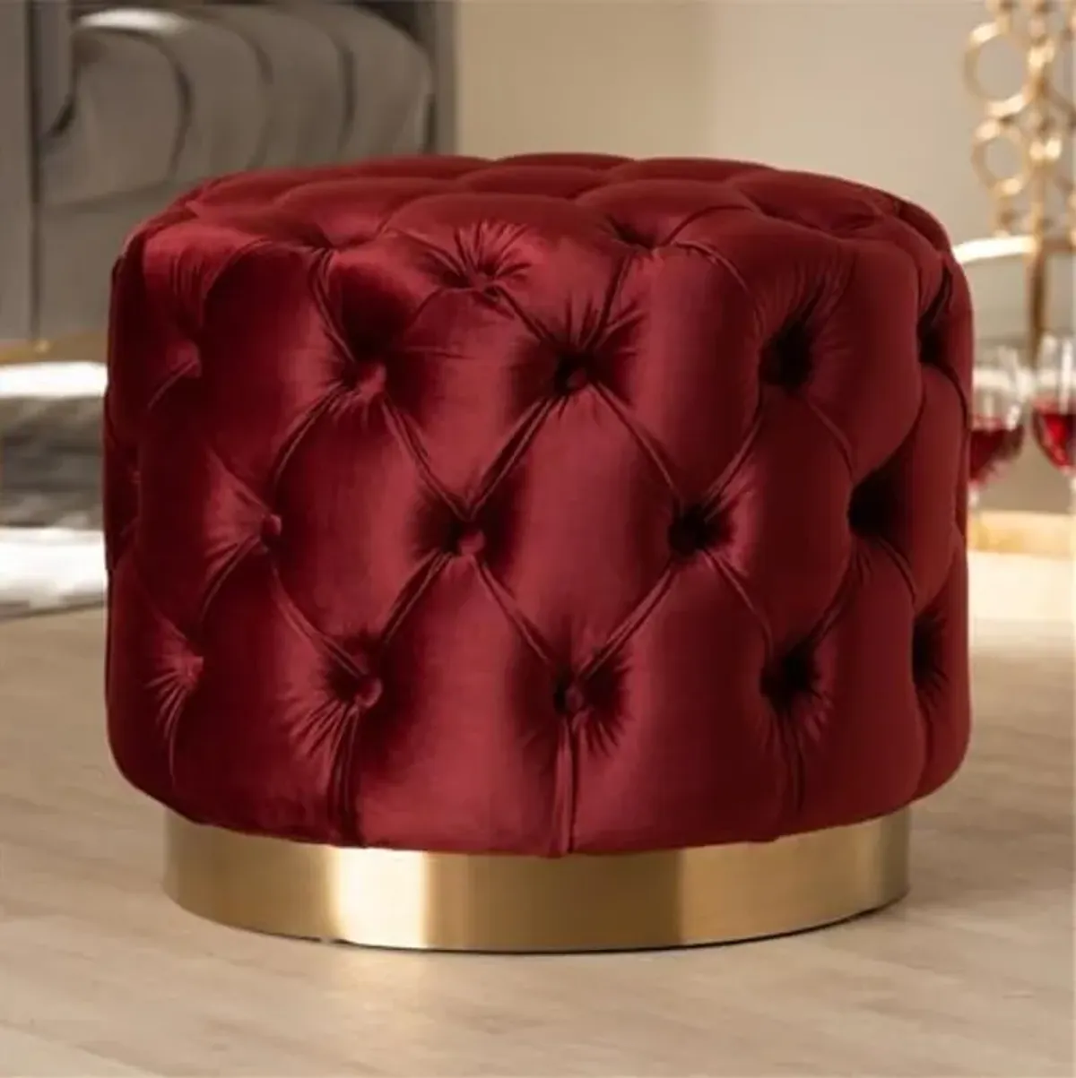 Baxton Studio Valeria Burgundy Red Velvet Tufted Ottoman