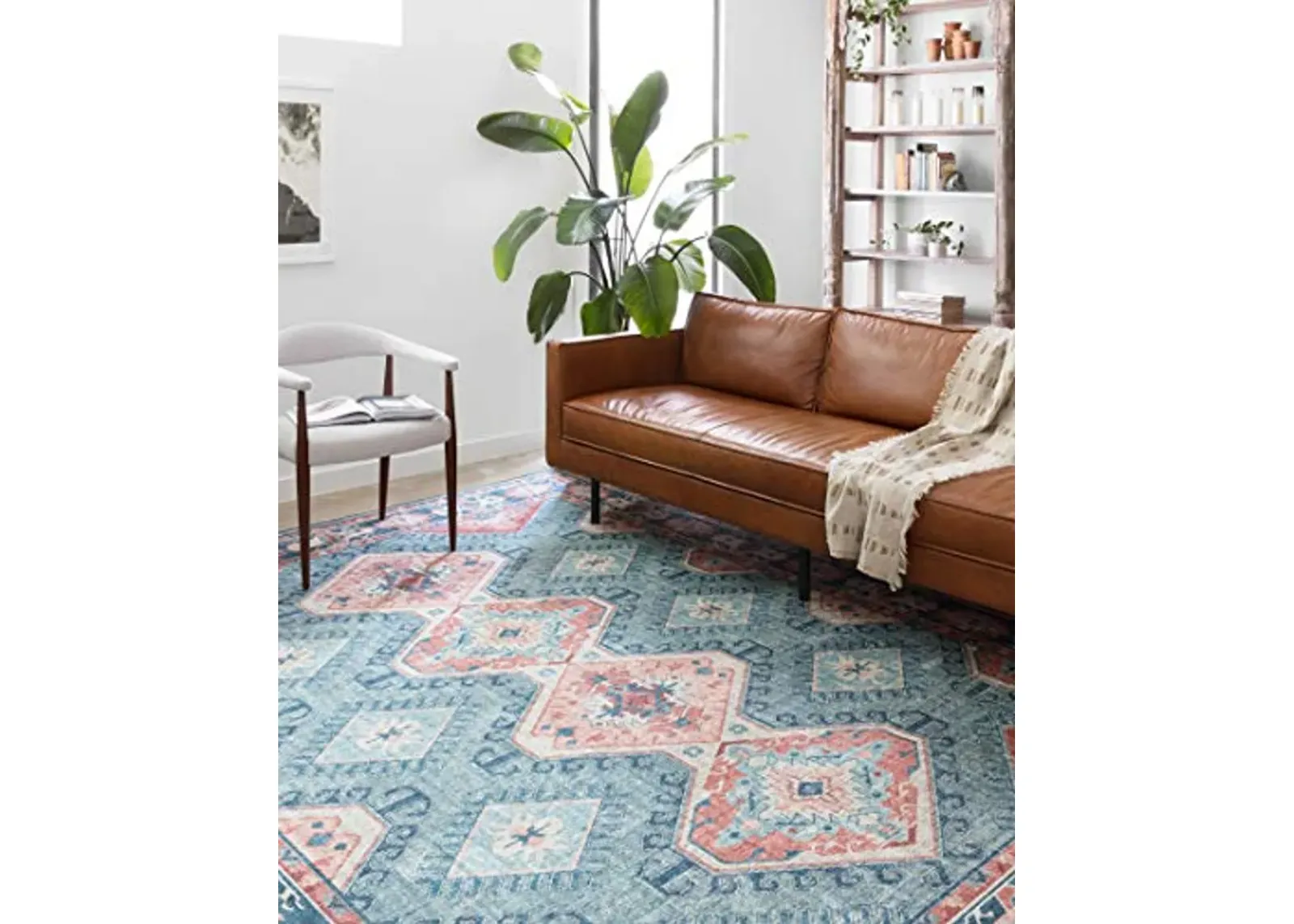 Loloi II Skye Collection SKY-03 Turquoise/Terracotta 5'-0" x 7'-6", .13" Thick,Area Rug,Soft,Durable,Vintage Inspired,Distressed,Low Pile,Non-Shedding,Easy Clean,Printed,Living Room Rug