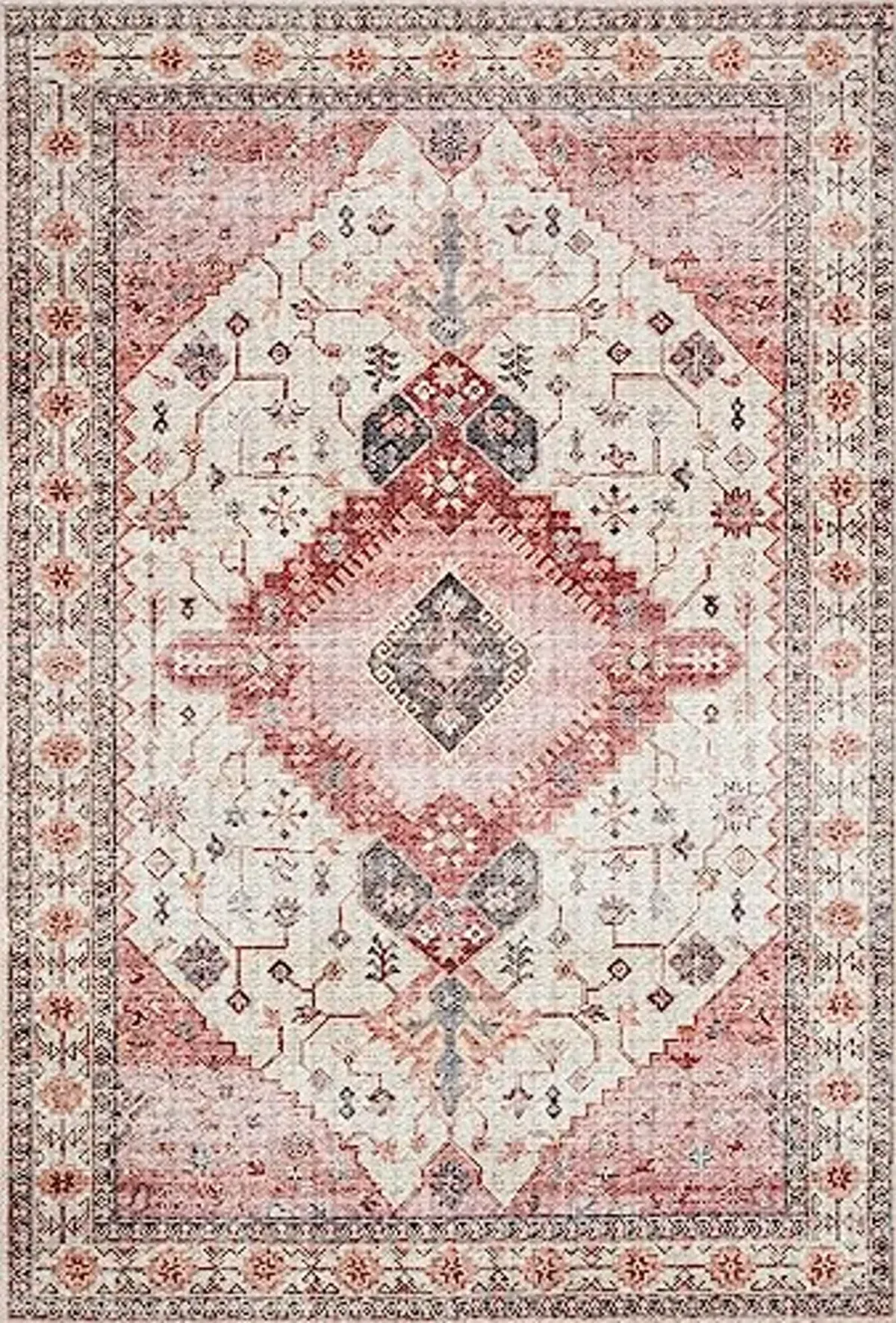 Loloi II Skye Collection SKY-02 Ivory/Berry 2'-6" x 7'-6", .13" Thick, Runner Rug, Soft, Durable, Vintage Inspired, Distressed, Low Pile, Non-Shedding, Easy Clean, Printed, Living Room Rug