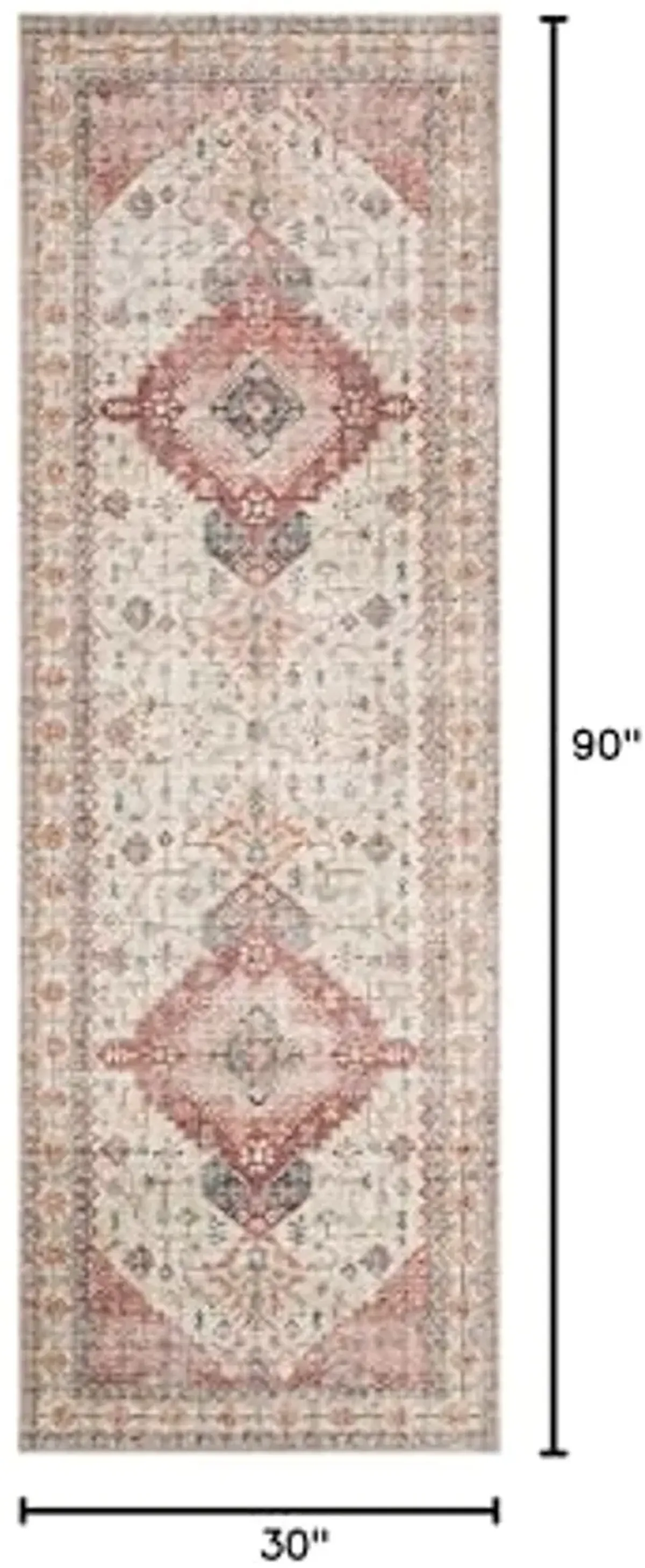 Loloi II Skye Collection SKY-02 Ivory/Berry 2'-6" x 7'-6", .13" Thick, Runner Rug, Soft, Durable, Vintage Inspired, Distressed, Low Pile, Non-Shedding, Easy Clean, Printed, Living Room Rug