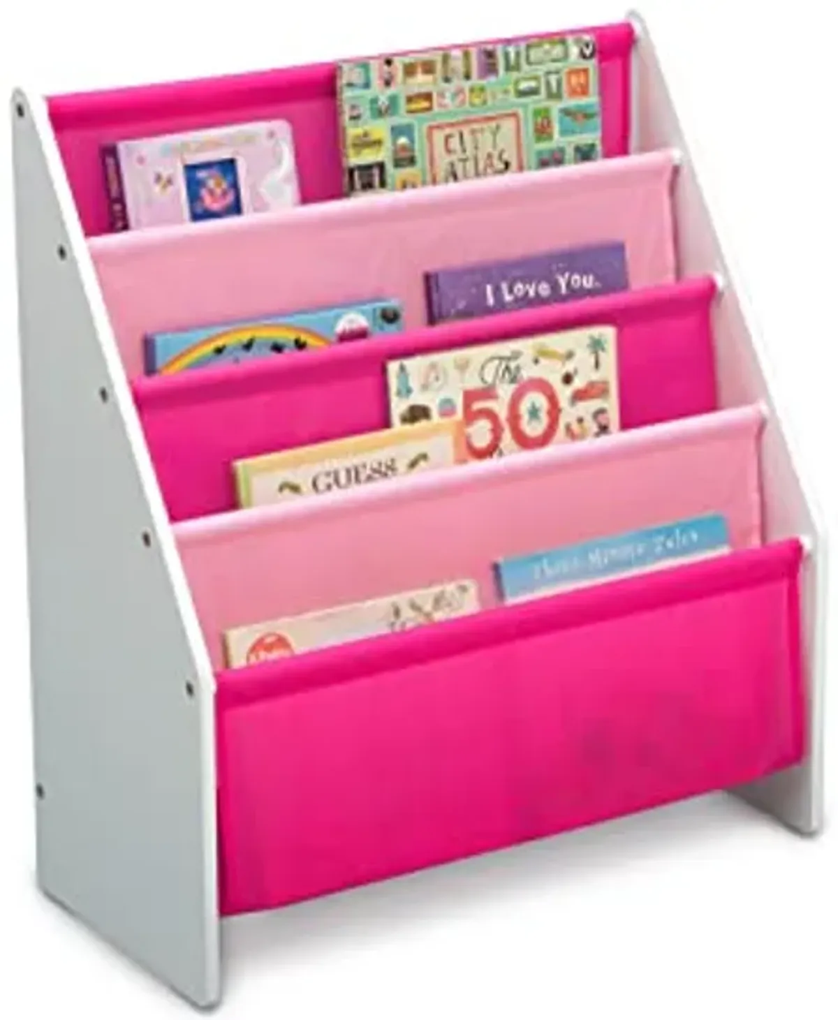 Delta Children Sling Rack Bookshelf for Kids - Easy-to-Reach Storage for Magazines or Coloring Books - Ideal for Playrooms & Homeschooling - Greenguard Gold Certified, White/Pink