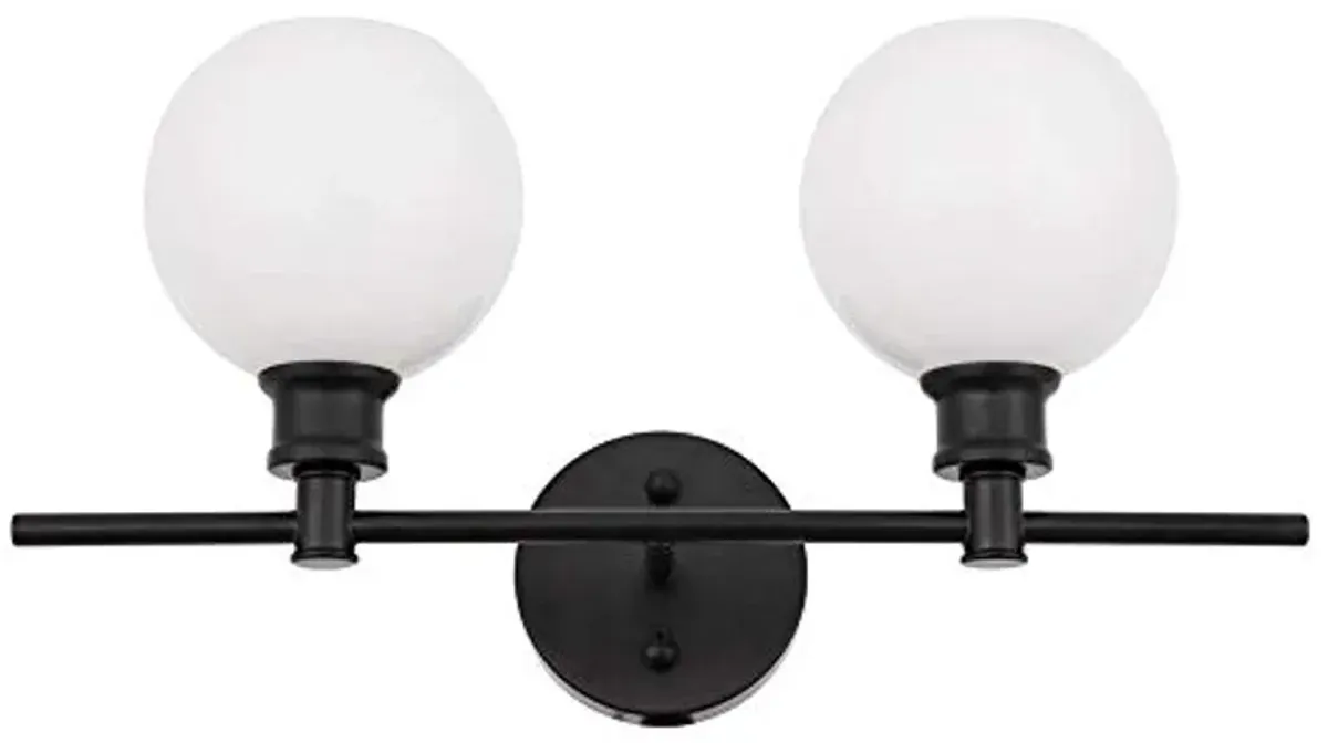 Living District Collier Industrial Mid-Century Modern 2 Light Entryway and Bathroom Wall Sconce in Black and Frosted White Glass