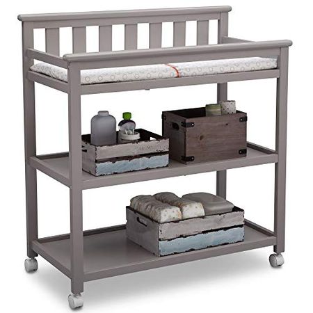 Delta Children Flat Top Changing Table with Casters, Grey and Waterproof Baby and Infant Diaper Changing Pad, Beautyrest Platinum, White