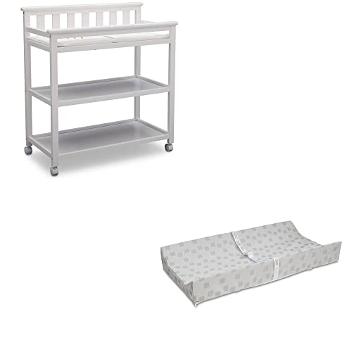 Delta Children Flat Top Changing Table with Casters, Bianca (White) and Waterproof Baby and Infant Diaper Changing Pad, Beautyrest Platinum, White