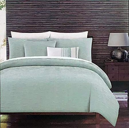 Tahari 3 Pc Duvet Quilt Cover Set Retro Style Aqua Green Cream Chambray Pattern with Ruched Textured Folds 100% Cotton Luxury - Nora, Green (King)