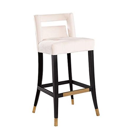Abbyson Living Bar Height Velvet Upholstered Barstool with Cut-Out Seat Back and Bronze Nailhead Trim, Ivory